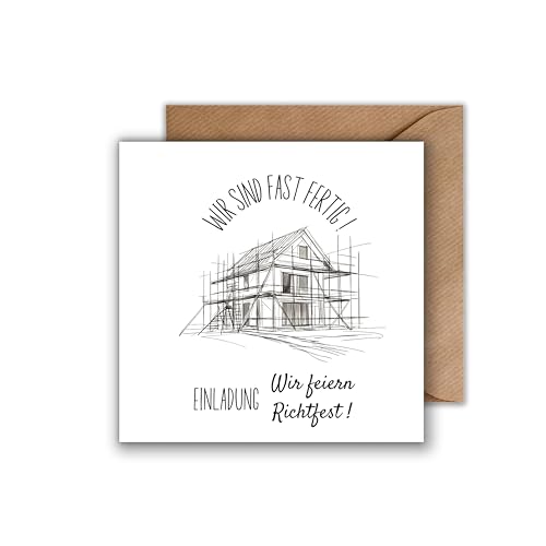 WBdesignz 10er-Set Einladungs Karten mit Umschlag - Einladung zum Richtfest wir feiern Richtfest Einzug Eigenheim Glückwunschkarte Rohbau Handwerker (125 x125 mm) von WBdesignz