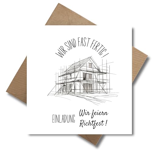 WBdesignz 10er-Set Einladungs Karten mit Umschlag - Einladung zum Richtfest wir feiern Richtfest Einzug Eigenheim Glückwunschkarte Rohbau Handwerker (125 x125 mm) von WBdesignz