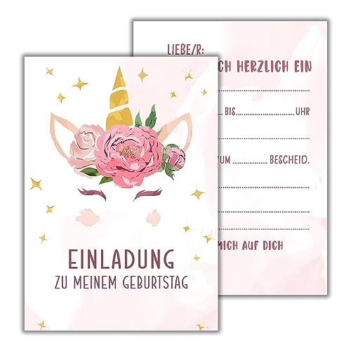 WBdesignz 12x Einladungskarte Kindergeburtstag Blumen Einhorn- Niedliches Einhorn Einladungskarten Set für Mädchen - Mädchen Partyeinladung für Kinder von WBdesignz
