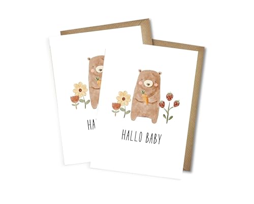 WBdesignz 2er-Set Glückwunschkarte Geburt Hallo Baby Geburt Klappkarte Bär Blumen Geburtskarte mit Umschlägen DIN A6 (2er-Set) von WBdesignz