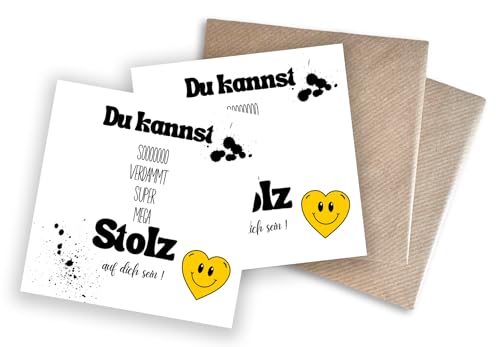 WBdesignz 2er-Set Motivationskarten „Du kannst stolz auf dich sein!“ – moderne Aufmunterungskarten mit Spruch – Mutmacher-Karten für Freunde, Prüfung, Alltag – mit Umschlägen 125 x 125 mm (2er-Set) von WBdesignz