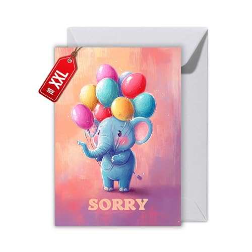 WBdesignz Entschuldigung Karte mit Umschlag - Sorry-Karte Wiedergutmachung Versöhnungskarte Reuekarte Elefant mit Luftbalons Tiere Acrylfarben (XXL DIN A4) von WBdesignz
