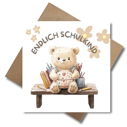 WBdesignz Glückwunschkarte Einschulung mit süßem Bären – Endlich Schulkind – Karte zur Einschulung mit Umschlag von WBdesignz