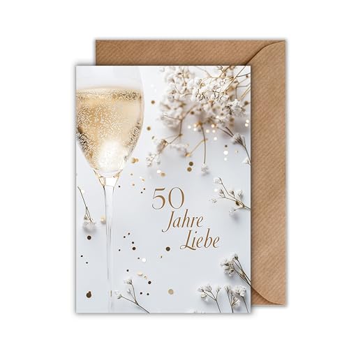 WBdesignz Goldene Hochzeit karte mit Umschlag - Geschenkkarte zum Jahrestag Champagner Glas Glitzer Schleierkraut Glückwunschkarte zum Hochzeitstag Liebe 50 Jahre Ehe Ehepaar Jubiläum (DIN A6) von WBdesignz