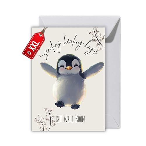 WBdesignz Gute Besserung Karte mit Umschlag - Trostkarte “Get well soon” Positive Gedanken Karten Aufbauende Sprüche Karten Pinguin Umarmung Karten zum Aufmuntern (XXL DIN A4) von WBdesignz