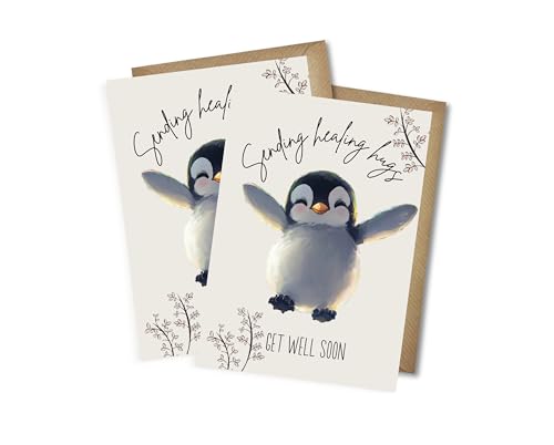 WBdesignz Gute Besserung Karten mit Umschlägen - Trostkarte “Get well soon” Positive Gedanken Karten Aufbauende Sprüche Pinguin Umarmung Aufmuntern DIN A6 (2er-Set) von WBdesignz