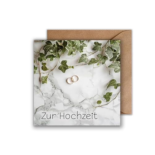 WBdesignz Hochzeit Glückwunsch Karte mit Umschlag - Geschenkkarte zum Hochzeitstag Efeu Marmor Ringe Glückwunschkarte zum Hochzeitstag Liebe Ehe Ehepaar (125 x 125 mm) von WBdesignz