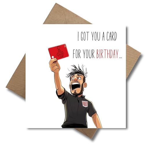 WBdesignz Geburtstag Karte mit Umschlag - Geburtstagskarte Fußball Schiedsrichter - witzige Klappkarte mit roter Karte – quadratische Karte mit Umschlag für Männer, Freunde oder Fußballfans von WBdesignz