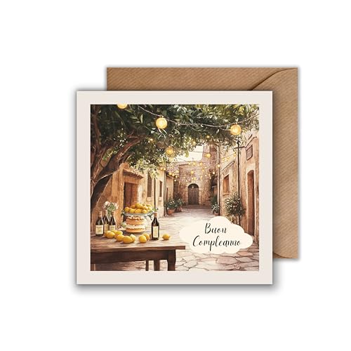 WBdesignz Karte mit Umschlag - Geburtstagskarte Buon Cumpleanno Geschenkkarte zum Geburtstag auf italienisch Happy Birthday Glückwunsch Karte (quadratisch - 125 x 125 mm) von WBdesignz