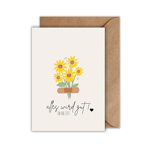 WBdesignz Genesungskarte „Alles wird gut“ – Aufmunterungskarte mit Blumen & Pflaster – Für Freundinnen, Freunde, Familie & Kolleginnen – DIN A6 – 300g/m² Premium – Gute Besserung Karte mit Umschlag von WBdesignz