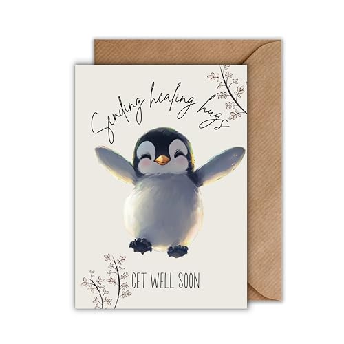 WBdesignz Gute Besserung Karte mit Umschlag - Trostkarte “Get well soon” Positive Gedanken Karten Aufbauende Sprüche Karten Pinguin Umarmung Karten zum Aufmuntern (Din A6) von WBdesignz
