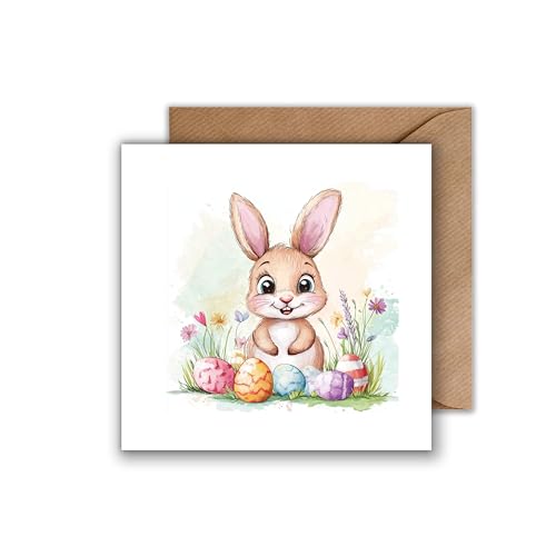 Osterkarte mit Hase – Süße Grußkarte zu Ostern für Kinder, Freunde, Familie & Kollegen – Klappkarte mit Umschlag – Niedlicher Osterhase & bunte Eier im Aquarell-Stil (125 x 125mm) von WBdesignz