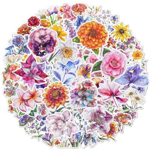 WD&CD 100 Stück Scrapbooking Aufkleber, PET Blumen Aufkleber Pflanzen Sticker, Flower Stickers, Blumenaufkleber für Scrapbook Fotoalbum Sammelalbum Laptops Handwerk von WD&CD