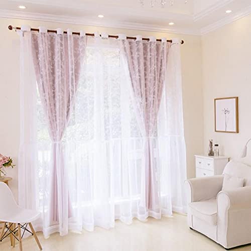 WDCDYQDH Schwarzer Vorhang mit transparentem Tüll-Panel, weiche Voile-Spitze, solide Paneele, wärmeisolierte Vorhänge, gefütterte Ösenvorhänge (beige, 200 x 270 cm) (rosa von WDCDYQDH