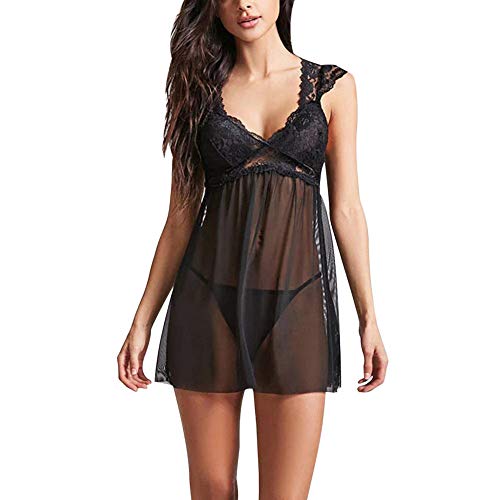 WDCDYQDH Schwarzes Spitzen-Dessous-Hemdchen mit V-Ausschnitt, Schleife, Netzstoff, ausgehöhlt, durchsichtig, Bademantel + Tanga, Nachtwäsche, Nachtwäsche, Unterwäsche, Geschenk für Sie (Rood XL) M von WDCDYQDH