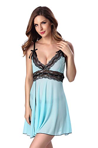 WDCDYQDH Schwarzes Spitzen-Dessous-Set, Nachtwäsche mit G-String, Chemise, tiefem V-Ausschnitt, durchsichtigem Netzstoff, Nachthemd (Grün S) M von WDCDYQDH