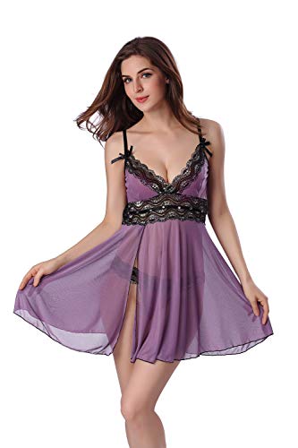 WDCDYQDH Schwarzes Spitzen-Dessous-Set, Nachtwäsche mit G-String, Chemise, tiefem V-Ausschnitt, durchsichtigem Netzstoff, Nachthemd (Paar M) von WDCDYQDH