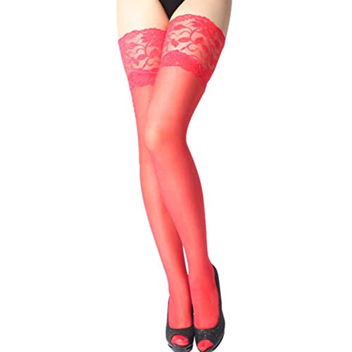 WDCDYQDH Sexy Damen-Strümpfe, Dessous, Netzstoff, Spitzenoberteil, Oberschenkelstrumpfhose, Nahtlose Strumpfhose mit Fußspitze, Fischnetz-Netz (Rood, Einheitsgröße) von WDCDYQDH