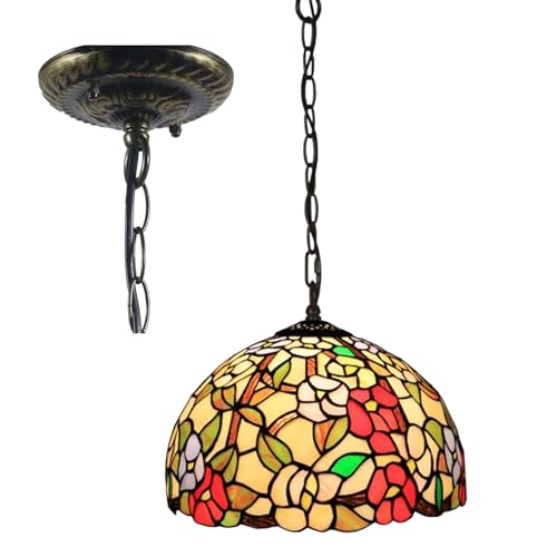 WDCDYQDH Tiffany Pendelleuchte Rot Rosa Blau Orange Blumen Buntglas Lampenschirme Hängend Vintage Blume Grün Blatt Wohndekor Kronleuchter Breite 12 Höhe 39 Für Küche Beige von WDCDYQDH