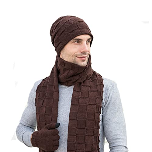 WDCDYQDH Wintermütze, Schal, Handschuhe, Set, einfarbig, Warmer Pullover aus Wolle für Damen und Herren (Burgund) (Koffee, Einheitsgröße) von WDCDYQDH
