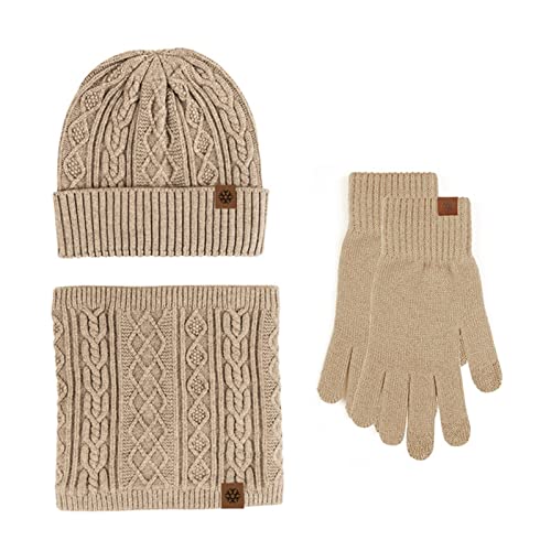 Wintermütze, Schal, Handschuhe, Set, warm, Winddicht, aus Wolle, gestrickt, für Damen und Herren (Marineblau) (Khaki, Einheitsgröße) von WDCDYQDH