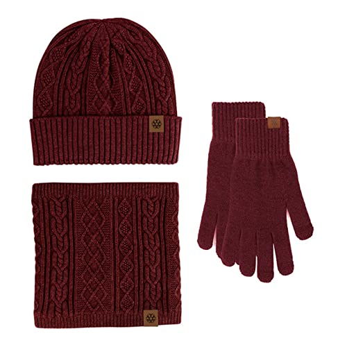 Wintermütze, Schal, Handschuhe, Set, warm, Winddicht, gestrickt, aus Wolle, für Damen und Herren (Marineblau) (Burgunder, Einheitsgröße) von WDCDYQDH