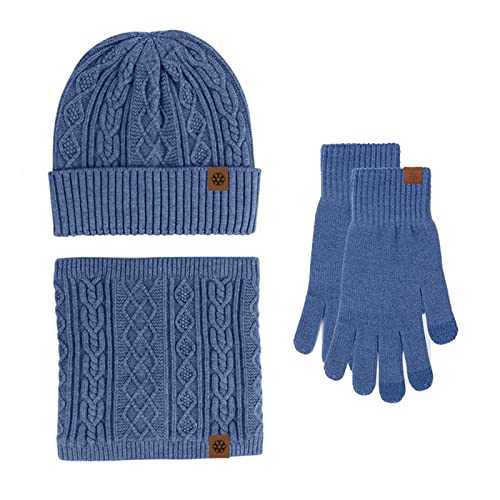 Wintermütze, Schal, Handschuhe, Set, warm, Winddicht, gestrickt, aus Wolle, für Damen und Herren (Marineblau) (Denimblau, Einheitsgröße) von WDCDYQDH