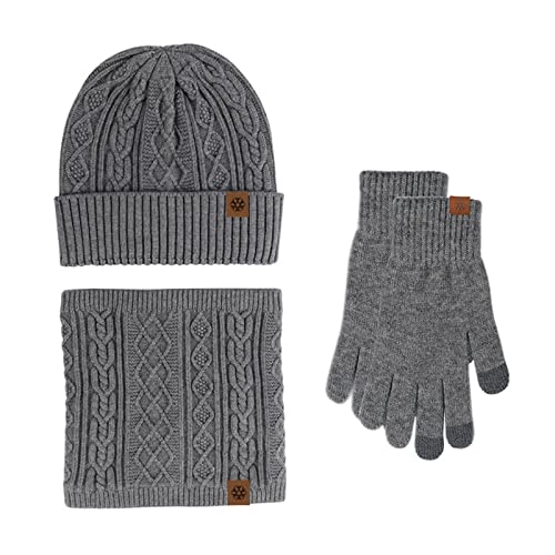 Wintermütze, Schal, Handschuhe, Set, warm, aus Wolle, Winddicht, gestrickt, für Damen und Herren (Marineblau) (Grau, Einheitsgröße) von WDCDYQDH