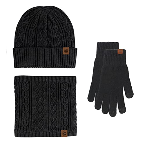 Wintermütze, Schal, Handschuhe, Set, warm, aus Wolle, Winddicht, gestrickt, für Damen und Herren (Marineblau) (schwarz, Einheitsgröße) von WDCDYQDH