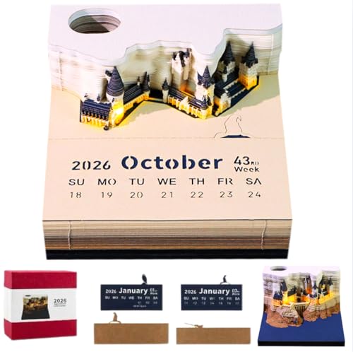 2026 Tear Away Schreibtischkalender, 3D Papier Skulptur Schloss Kalender mit Licht, DIY Papierschnitzerei Kunst Memo für Büro Desktop Dekoration, reißbarer kreativer Notizblock, Geschenke für Freunde von WDJLNZB