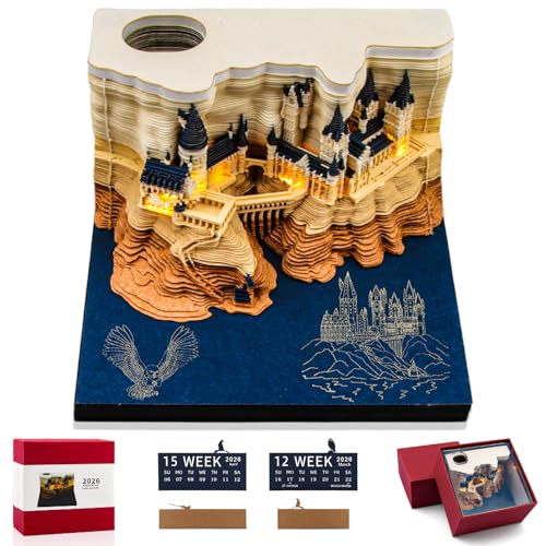 3D Notizblock Kalender 2026, 2026 3D Tischkalender-Notizblock mit Licht und Stifthalter, Magic Castle kalender zum Abreißen 3D, Diy Desktop-Ornament von WDJLNZB