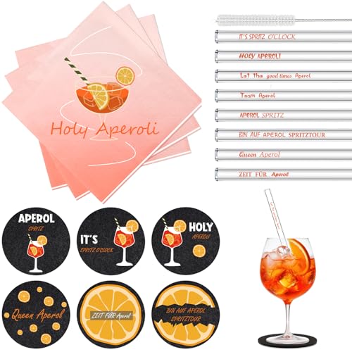 Aperol Spritz Accessoires Set mit 30 Stück Servietten Holy Aperoli, 6 Filzuntersetzer Rund, 8 Glas Strohhalme mit Schachtel für Aperolliebhaber, Aperol Geschenk für Mottopartys, Sommerparty Deko (A) von WDJLNZB