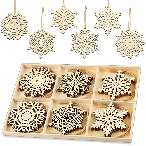 Holz-Anhänger Schneeflocken Baumschmuck, 24 Stück Weihnachtsanhänger Holz Weihnachts-Anhänger Hängeornamente Weihnachtsbaumschmuck mit Juteseil für Christbaumanhänger (A) von WDJLNZB
