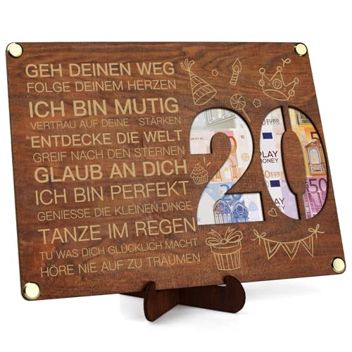 WDJLNZB Inspirierendes 20. Geburtstag Geldgeschenk Holz mit Geburtstagskarte, Motivationsgeschenke zum 20. Geburtstag Mann Frau, 20 von WDJLNZB