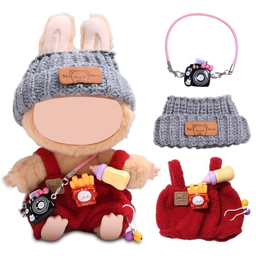 Kleidung für 17 cm La-bubu Puppe, Süße Puppenkleidung Kuscheltier Kleidung Outfit mit Roter Overall, Graue Wollmütze und Schwarze Kamera, Puppenzubehör Geschenke für 17 cm Mini Plüschpuppe von WDKXCN