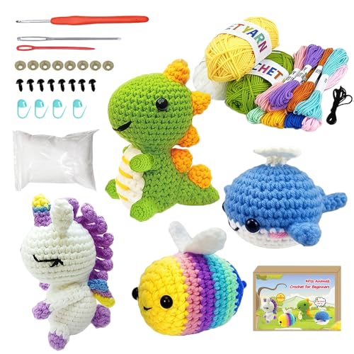 WDKXCN Häkelset für Anfänger, 4 Tiere Häkeln für Anfänger Set mit Häkelnadeln & Garn, Häkeln Kinder mit Detaillierten Video, Crochet Set für Erwachsene Kinder Geschenk (Biene,Einhorn,Dinosaurier,Wal) WDKXCN Häkelset für Anfänger, 4 Tiere Häkeln für Anfänger Set mit Häkelnadeln & Garn, Häkeln Kinder mit Detaillierten Video, Crochet Set für Erwachsene Kinder Geschenk (Biene,Einhorn,Dinosaurier,Wal) von WDKXCN
