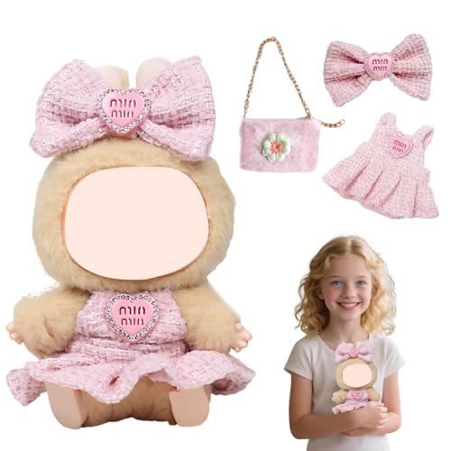 WDKXCN Labubu Kleidung füR Labubu 17cm, Outfit füR Labubu, Hellrosa Set Bestehend Aus 1 Trägerkleid 1 Schleife Haarspange 1 Handtasche für Mädchen Kindergeburtstag Feriengeschenk（Keine Puppe） von WDKXCN