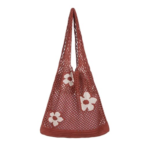WDSBZNB HäKeltasche Damen Schultertasche aus hohlem Webstoff, gehäkelte Hobo-Tasche, Strick-Handtasche, modische Damen-Tragetasche mit großem Fassungsvermögen, Einkaufstasche(Coffee) von WDSBZNB
