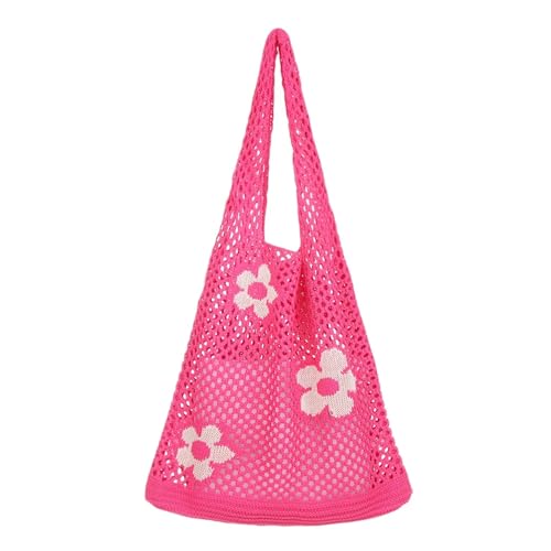 WDSBZNB HäKeltasche Damen Schultertasche aus hohlem Webstoff, gehäkelte Hobo-Tasche, Strick-Handtasche, modische Damen-Tragetasche mit großem Fassungsvermögen, Einkaufstasche(Rose Red) von WDSBZNB