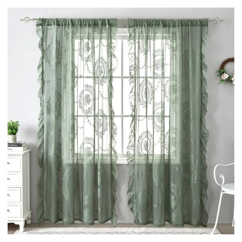 WDSBZNB Vorhänge Schlafzimmer Retro-grüne Rüschen-Spitze-durchsichtige Tüll-Vorhänge for Mädchenzimmer, Wohnzimmer, pastoraler Blumenfenster-Bildschirm(Fixed Pleat_140X260CM) von WDSBZNB