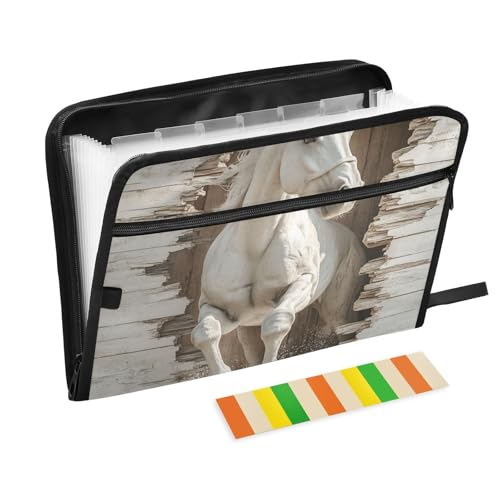 3D-Aktenordner aus Holz, Tierpferd, 13 Taschen, A4, Briefgröße mit Reißverschluss, für Organizer-Ordner von WDdZzyy