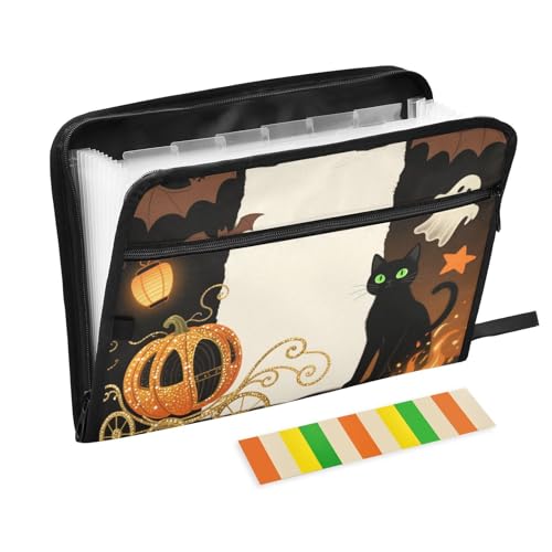 Akkordeon-Dokumentenmappe mit Aufschrift "Happy Halloween", Motiv: verträumte Kürbiskatze, 13 Fächer, A4, Briefgröße mit Reißverschluss, für Organizer-Ordner von WDdZzyy