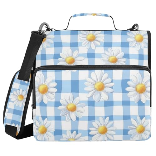 Blaues und weißes Gänseblümchen-Schachbrett, 3,8 cm, 3 Ringe, stabiler Reißverschluss, mit Schultergurt und Griff, Dokumentenmappe für Büro, Schule von WDdZzyy
