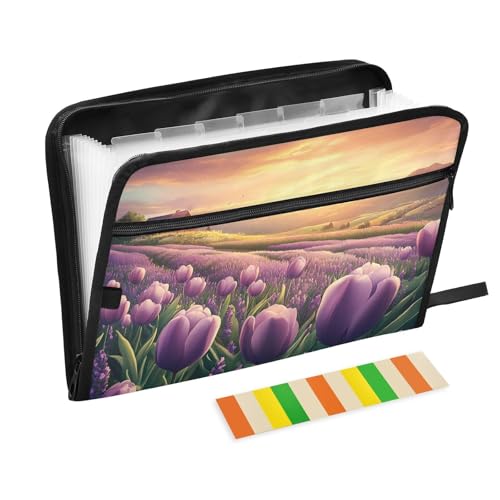 Blumen-Lavendel-Ordner mit Taschen, 13 Taschen, A4, Briefgröße mit Reißverschluss, für Ordner mit Etiketten von WDdZzyy