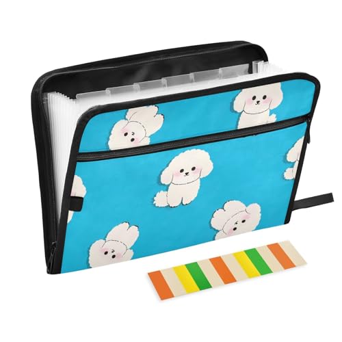 Cartoon-Dokumentenmappe, niedlicher weißer Bichon-Frisé-Hund, 13 Taschen, A4, Briefgröße mit Reißverschluss, für Akkordeon-Dokumentenmappe, Fächermappe von WDdZzyy