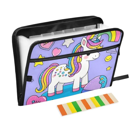 Cartoon-Erweiterungsmappe mit niedlichem Pailletten-Einhörner, 13 Taschen, A4, Briefgröße mit Reißverschluss, für breite Aktenordner von WDdZzyy