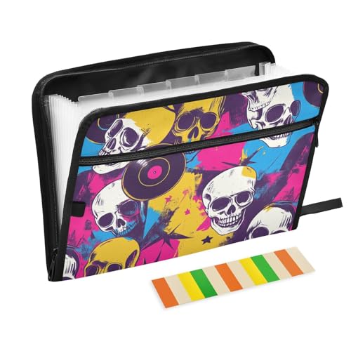 Color Record Fächermappe mit Totenkopf, erweiterbar, 13 Fächer, A4, Briefgröße mit Reißverschluss, zum Aufhängen von Aktenordnern von WDdZzyy