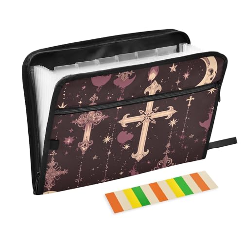 Dokumentenmappe, Gothic-Stil, Dunkelheit, Mond, Kreuz, Violett, 13 Taschen, A4, Briefgröße mit Reißverschluss, für Dokumentenmappe von WDdZzyy