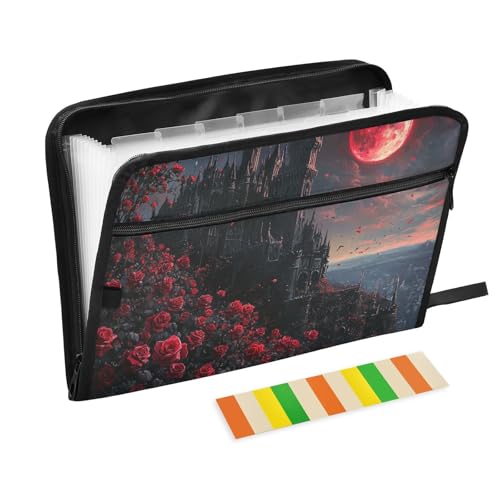 Dokumentenmappe, Gothic-Stil, Vampirschloss, erweiterbar, 13 Taschen, A4, Briefgröße, mit Reißverschluss, für erweiterbare Aktenhüllen von WDdZzyy