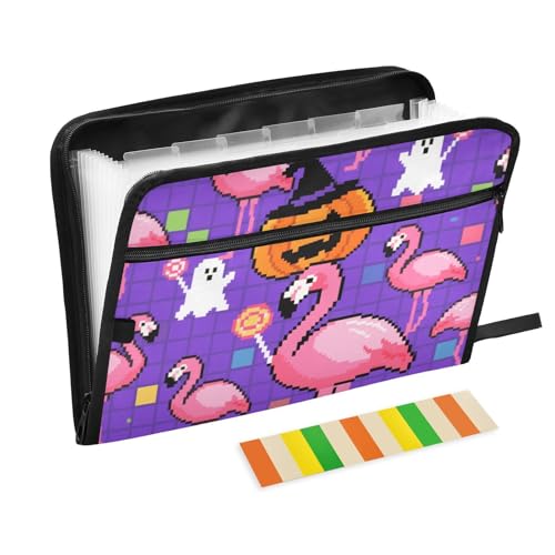 Dokumentenmappe, Halloween, Pixel, Pink, Flamingo, 13 Taschen, A4, Briefgröße, mit Reißverschluss, für Büroordner von WDdZzyy